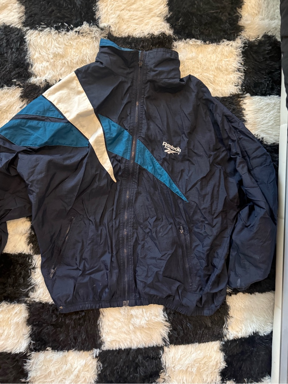 Vintage Reebok Men's Navy Windbreaker Jacket with Teal & White Accents